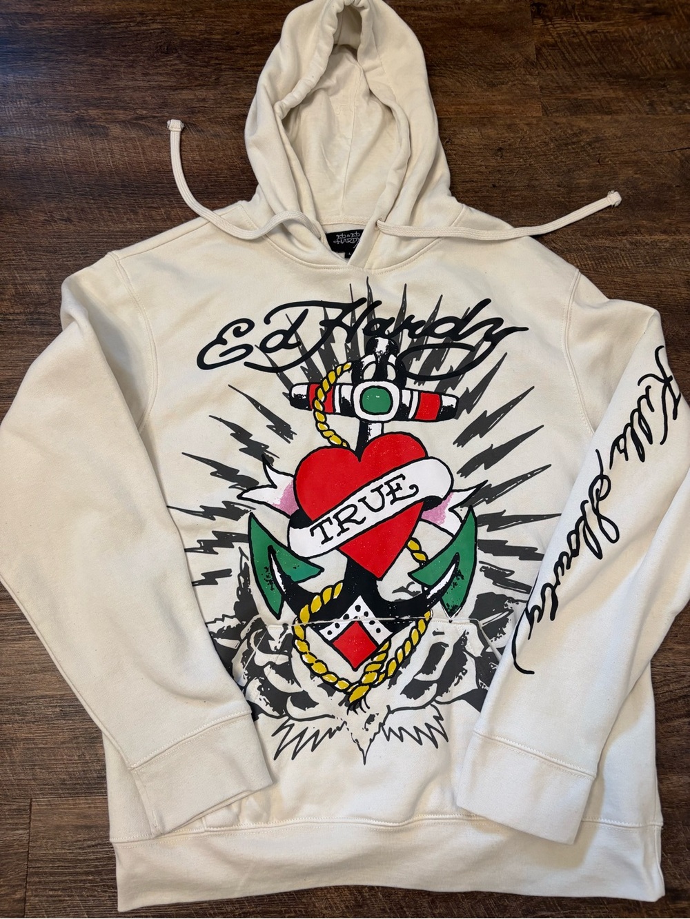 Ed Hardy Cream Hoodie with Bold True Heart Tattoo Graphic